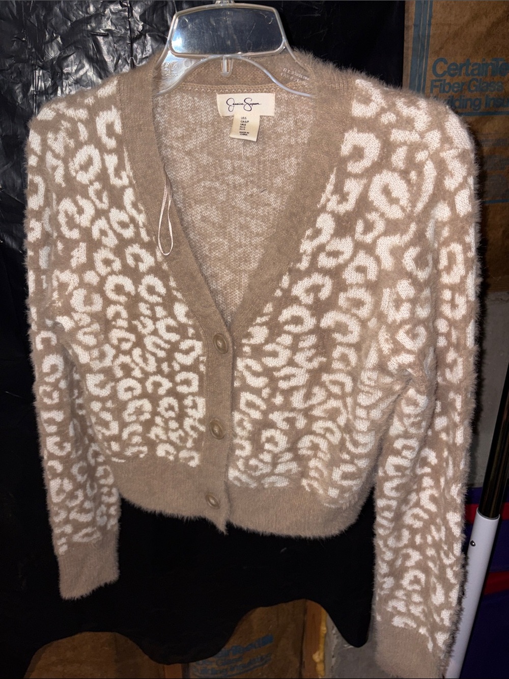 Jessica Simpson Taupe and White Leopard Plush Cardigan
